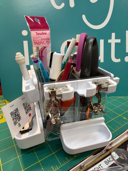 Clear spinner holds sewing tools and stick on holders