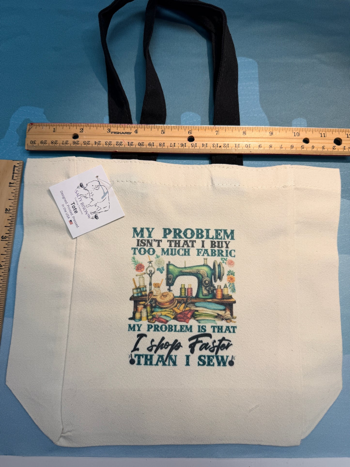 I Shop Faster Than I Sew canvas tote bag