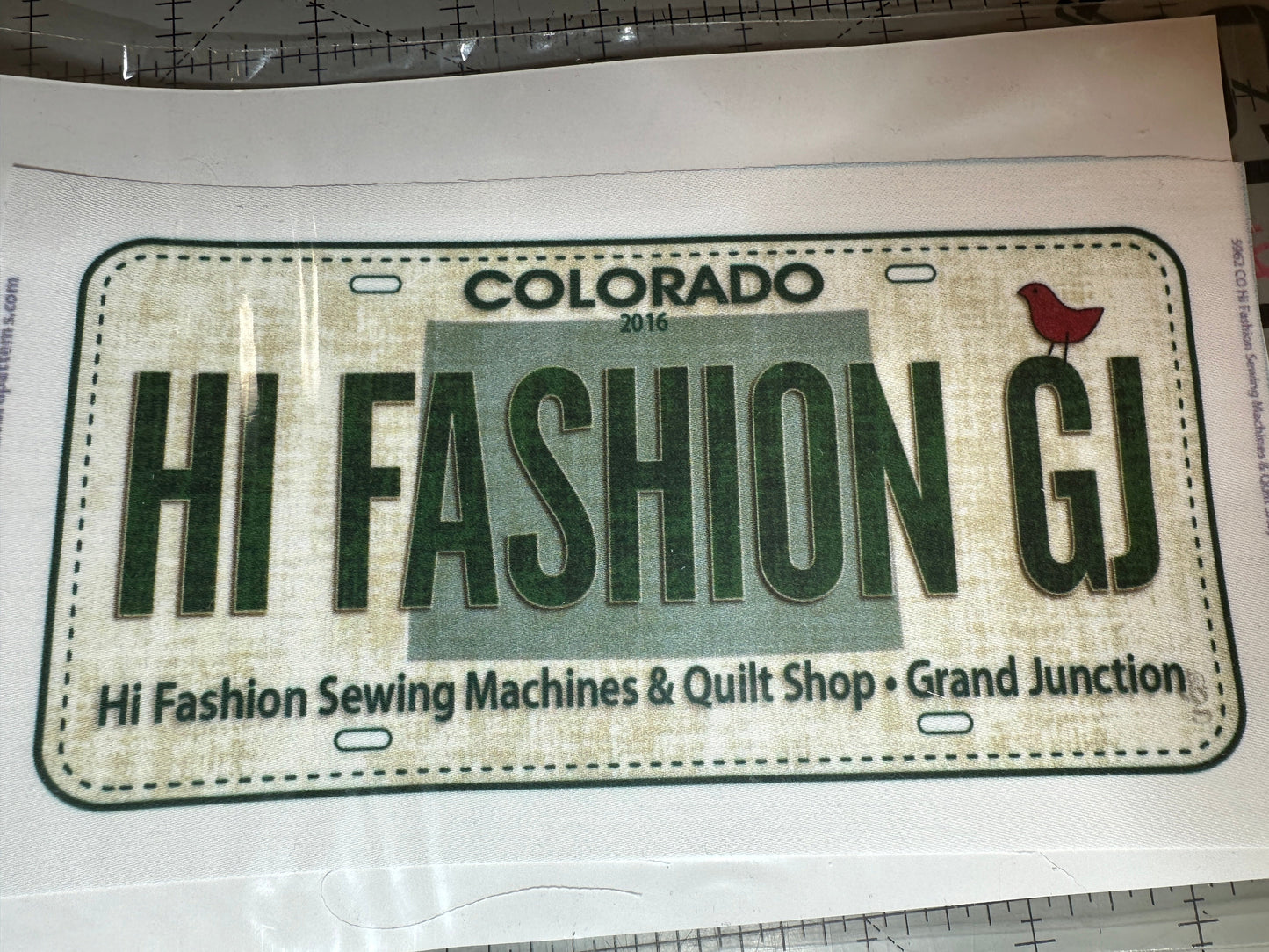 Hi Fashion GJ License plate Row by Row printed on fabric 4.5” by 8” from 2016