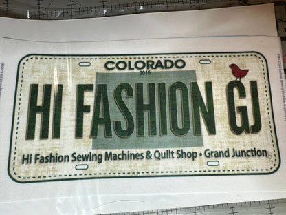 Hi Fashion GJ License plate Row by Row printed on fabric 4.5” by 8” from 2016 Bernina Jeff Sewing Machine Tools Supplies Accessories