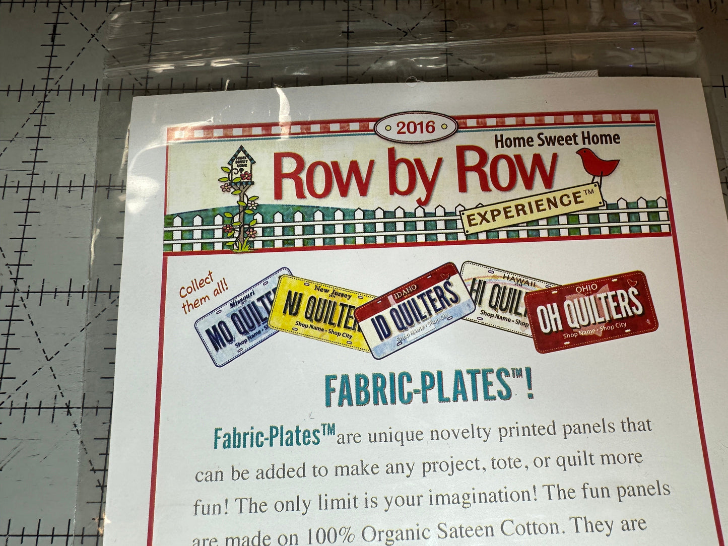 Hi Fashion GJ License plate Row by Row printed on fabric 4.5” by 8” from 2016