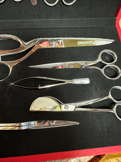 Janome Box of 7 scissors 1 tweezers 1 ripper logos Bernina Jeff Sewing Machine Tools Supplies Accessories