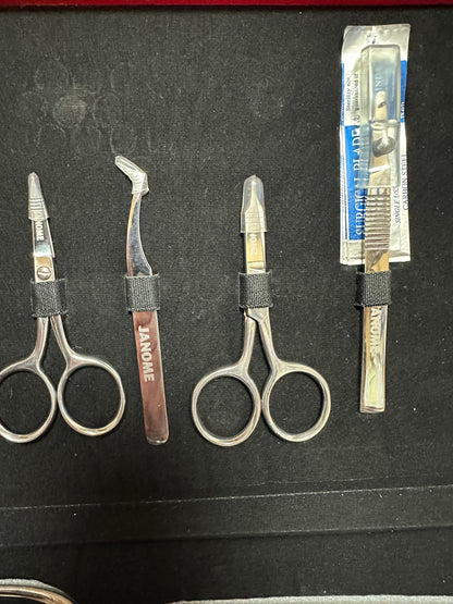 Janome Box of 7 scissors 1 tweezers 1 ripper logos Bernina Jeff Sewing Machine Tools Supplies Accessories