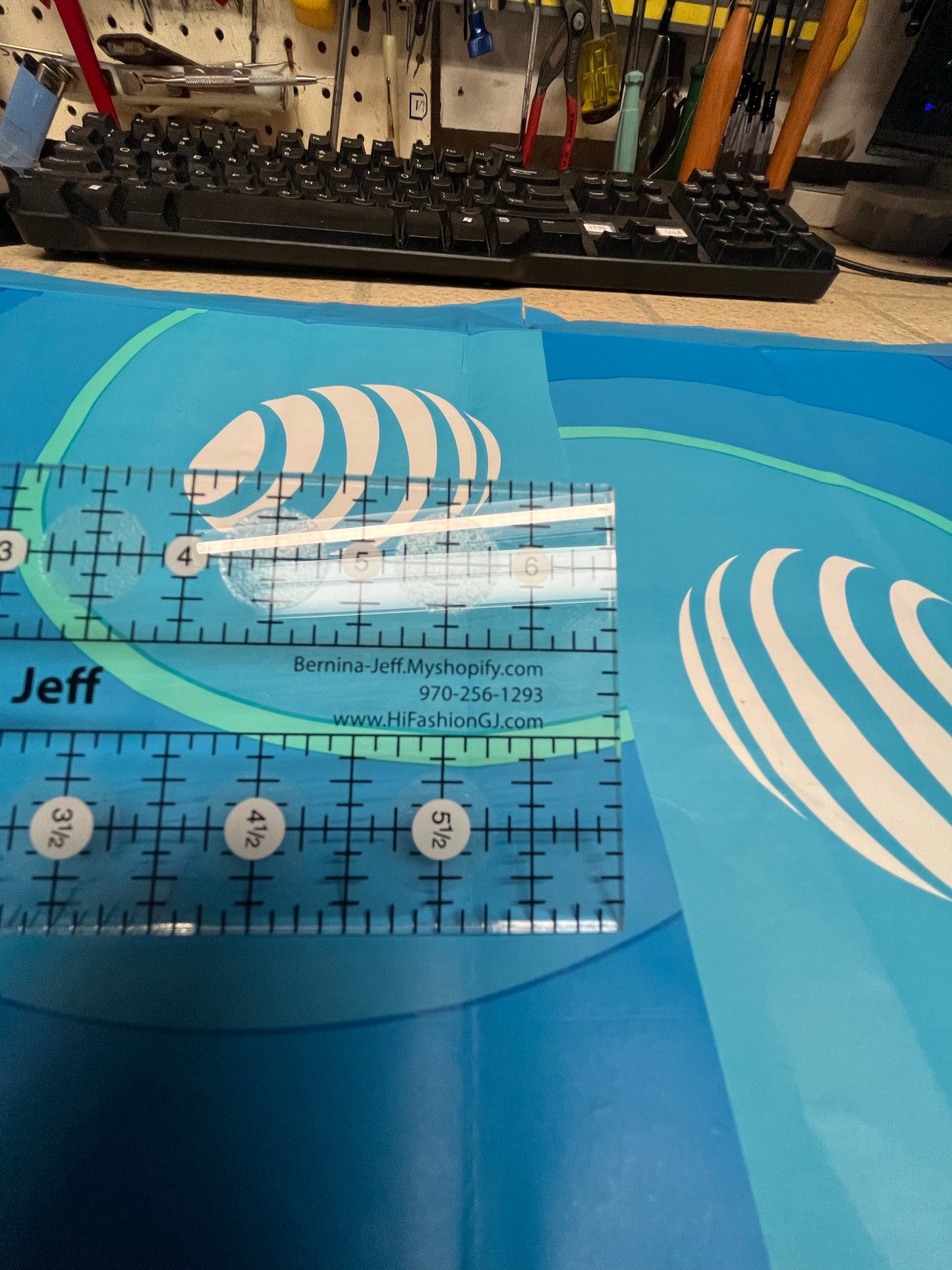 Creative Grids ruler Logo 6 1/2 by 2 1/2” with texture dots on back. Great size to bring to classes.